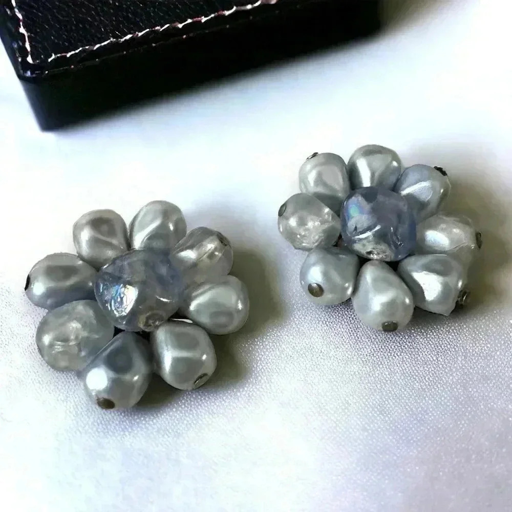 Vintage  costume clip on statement earrings powder blue pearls